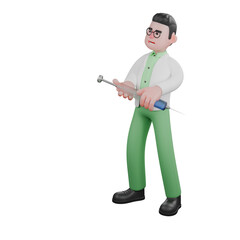 Male Biologist Illustration in 3D. A male biologist stands holding a syringe with both hands. Professional Ecology