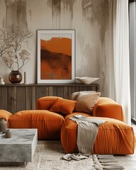 Modern Minimalist Living Room with Orange Sofa, Concrete Coffee Table, Wooden Sideboard, and Contemporary Art on Beige Walls