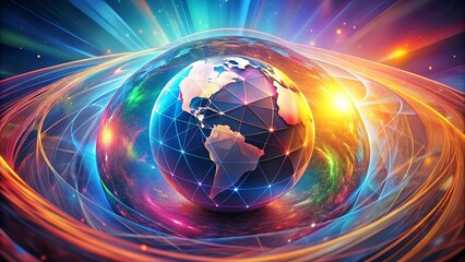 Obraz premium A glowing orb, encompassed by an ethereal aurora, representing interconnectedness and the flow of data across the globe.