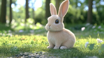 A cute, fluffy bunny rabbit sits in a grassy meadow with a blurred background of a forest.