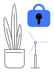 Simple plant, secure lock, and wind turbine. Ideal for environmental sustainability, renewable energy, security, minimalism, vector style design