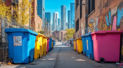 A vibrant collection of trash bins in the colors of blue, pink, and yellow