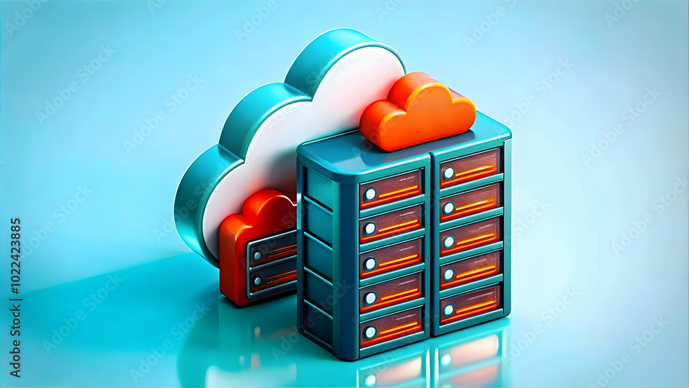 Poster glossy server racks with cloud icons: captivating cloud infrastructure development concept in photo 