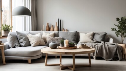 Scandinavian living room with a rustic round wooden table near a sofa adorned with grey pillows for a cozy ambiance.