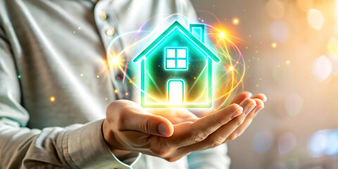 Macro Image of Hand Holding Holographic Home Icon: Futuristic Comfort & Security Concept for Working From Home in Photo Stock