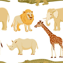 vector drawing seamless pattern with African animals, lion, giraffe and rhinoceros, elephant and crocodile at white background, hand drawn illustration