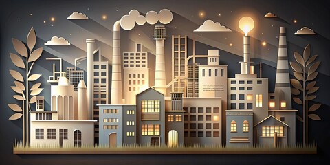 Obraz premium A papercraft cityscape illuminated by glowing windows and a bright light, representing a harmonious balance between industry and nature