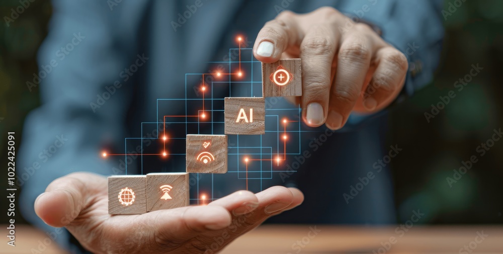 Poster ai digital marketing businessman holding hologram artificial intelligence technology big data cybers