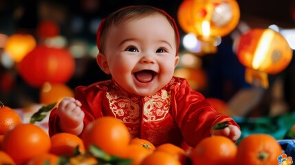 Fototapeta premium Happy Baby in Traditional Red Outfit Surrounded by Oranges