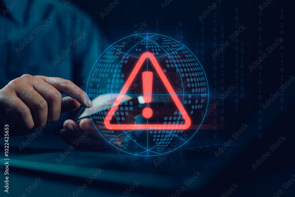 Poster notification error and maintenance with triangle caution warning sign for notification error, Programmer using laptop with triangle caution warning sign, hacker attacks , cyber crime, cyber security