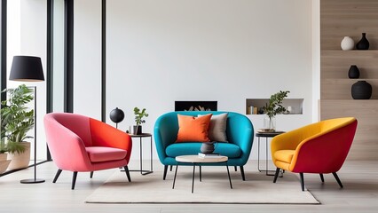 A minimalist modern living room interior with vibrant, multicolored armchairs, showcasing a sleek and contemporary design