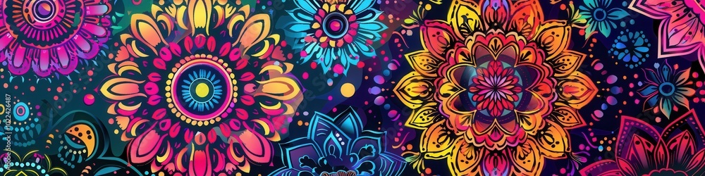 Sticker Vibrant floral mandalas burst with color on a dark backdrop, displaying intricate patterns and artistic details in stunning arrangements. Generative AI