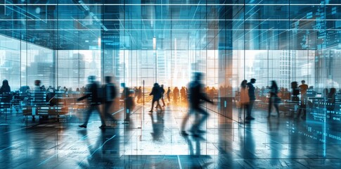 Futuristic Office Interior with Busy Professionals in Motion Against Digital Grid Pattern