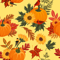 vector drawing seamless pattern with orange pumpkins, flowers, birds and leaves, autumnal background, hand drawn illustration