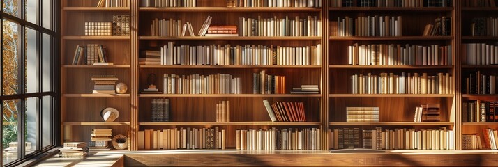 Wooden shelves display numerous textbooks and academic literature, creating a cozy and inviting reading environment perfect for study or research. Generative AI