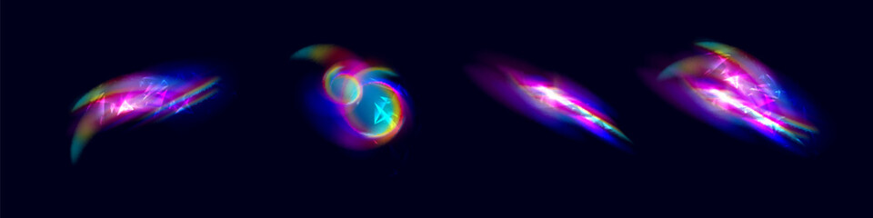 Iridescent crystal leak glare reflection effect. Optical rainbow lights, glare, leak, streak overlay. falling confetti.