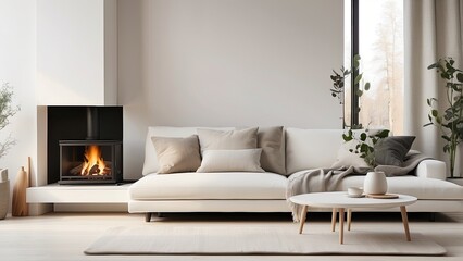 A white corner sofa positioned near a fireplace in a Scandinavian-inspired modern living room, showcasing a cozy minimalist design.-