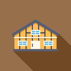 Simple vector illustration of a wooden house structure with long shadow on brown background