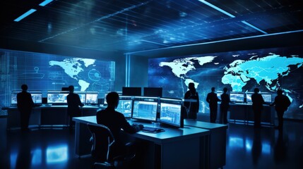Silhouetted figures collaborate within a high-tech operations room, filled with screens and maps, embodying global connectivity.