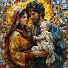 Fototapeta premium Beautiful Hyper Realistic Painting of Mary Joseph Baby Jesus with Stained Glass Background