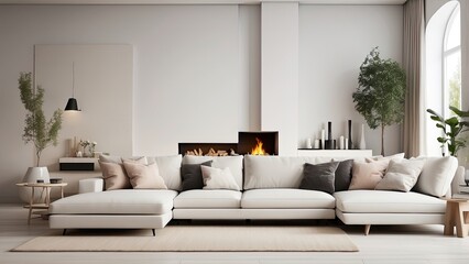 Modern living room with Scandinavian home interior design, featuring a white corner sofa by a sleek fireplace, creating warmth.-