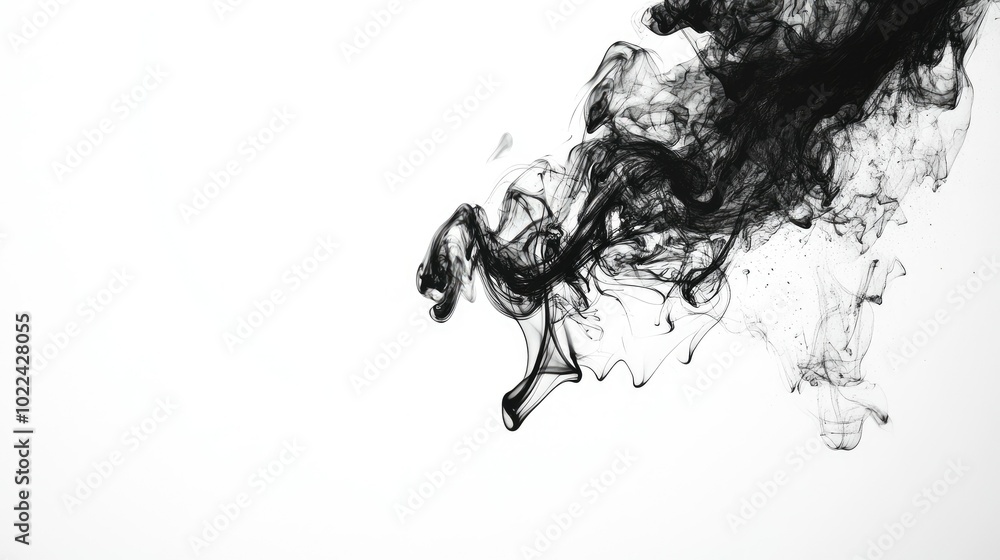 Poster abstract black smoke patterns curling through a stark white background, creating a mesmerizing visua