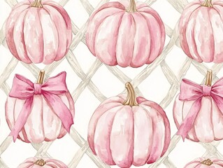 2408 46.A seamless pattern of cute, pink pumpkins adorned with delicate coquette bows arranged in a neat trellis formation. The design features a soft pastel palette, perfect for creating girly,