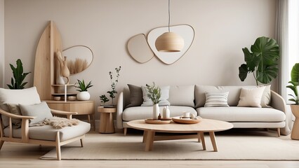  A Scandinavian-inspired modern living room interior with Jacanid design elements, featuring neutral tones, natural wood, and
