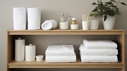 Soft white towels and toiletries are neatly arranged on a wooden shelf beside a potted plant, creating an inviting, serene bathroom atmosphere.