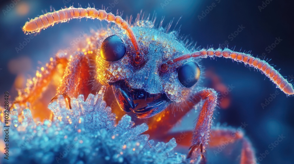 Poster a macro shot of an ant with a colorful and detailed texture, the ant is in focus and has a bright or