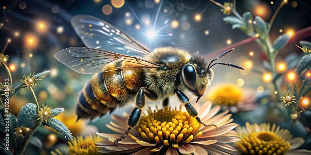 Poster honeybee logo illustration with bokeh effect for label design - vector graphics