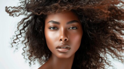closeup of beautiful young black woman with long curly afro hair posing isolated on white background for shampoo conditioner ad
