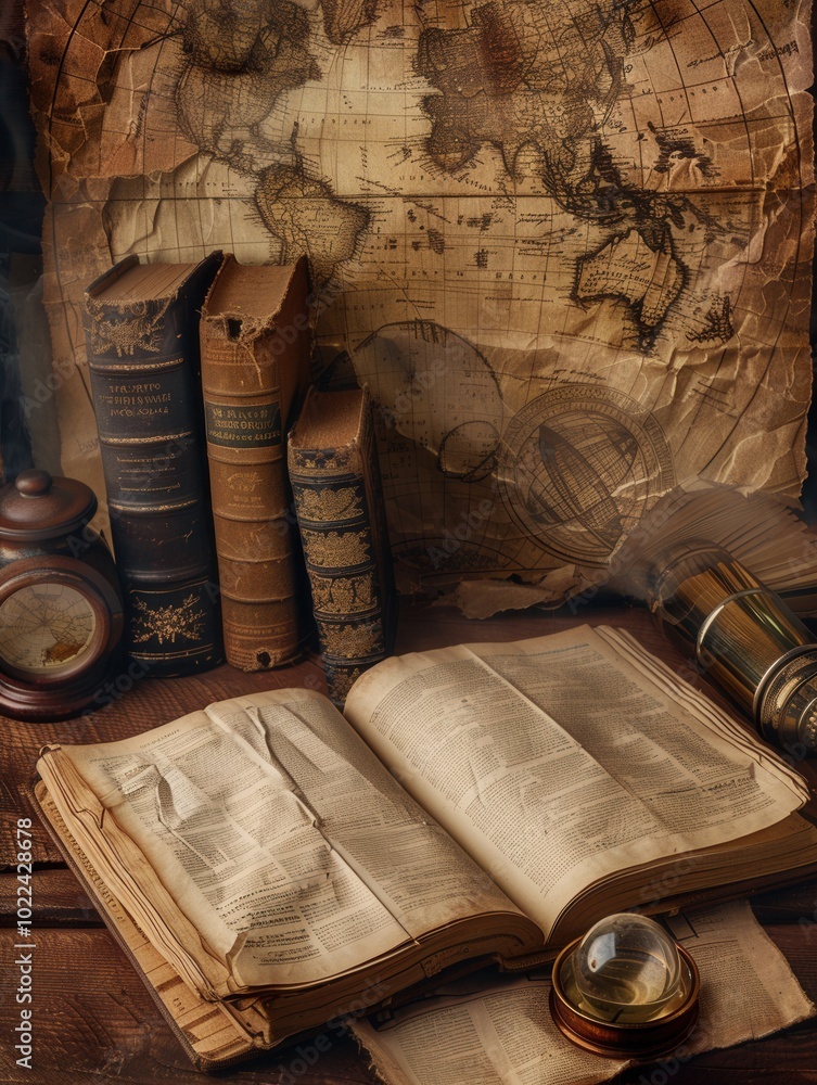 Fototapete An inviting collection of ancient texts and artifacts, showcasing the rich history of exploration and knowledge in a study. Generative AI