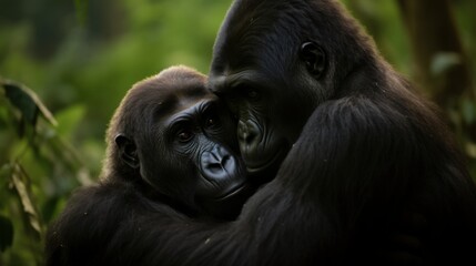 Obraz premium Two gorillas embrace tenderly in a lush green jungle, embodying the profound bond found in nature's untouched realms.