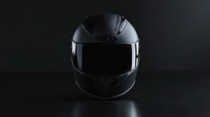 Black motorcycle helmet placed on a glossy black surface, embodying speed, safety, and adventure.
