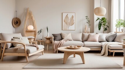  Modern living room with Jacanid Scandinavian design, showcasing light wood furniture, cozy textiles, and a clean, airy aesthetic.-