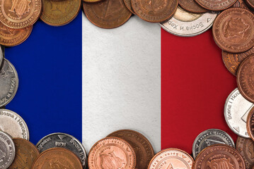 Coins on flag of France . trading investment business currency concept