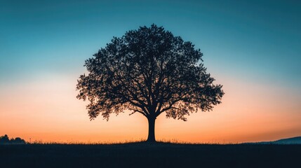 Obraz premium Black silhouette of a tree against a twilight sky, creating a moody and serene natural scene.