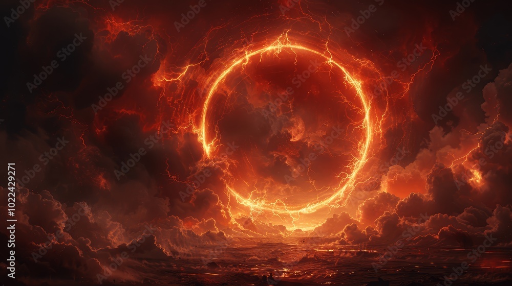 Poster red abstract circle with plasma lightning particle effect ring glowing particles fantasy overlay