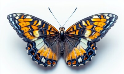 Fototapeta premium A vibrant butterfly with orange, black, and white wings, against a white background, with its wings spread open.