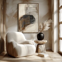 Minimalist Living Room with Beige Chair, Wood Side Table, Black Vase, and Abstract Art