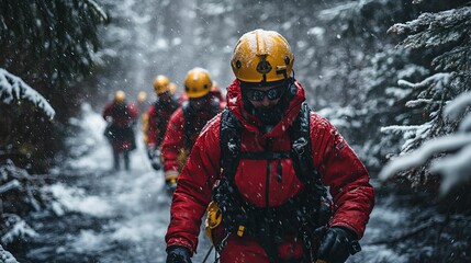 Rescue Team Navigating Snowy Forest