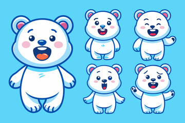 A white bear with different emotions and expressions, in a sticker-style vector design on a light blue background, with multiple poses and styles on white background 