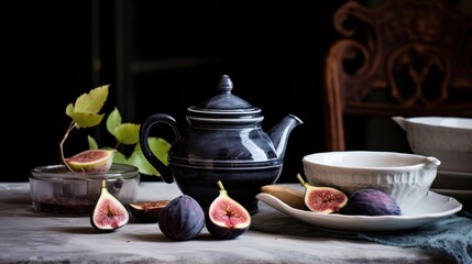 An elegant tea set gracefully rests on a rustic table, accompanied by fresh figs and leaves, capturing a serene, still-life composition filled with charm.