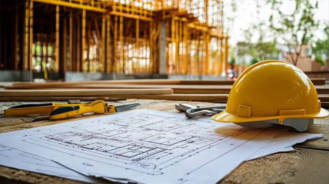 A construction blueprint spread out on a table with tools and a hard hat nearby, surrounded by the framework of a new building Close-up photo with clean background