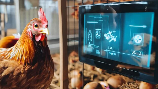 Hen Interacting with Futuristic Screen in Chicken Coop