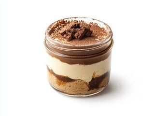 A single serving of tiramisu in a glass jar, with layers of cream, coffeesoaked biscuits, and cocoa dusting Isolated on a white background with copy space for product or text