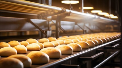 Fototapeta premium Rows of freshly baked bread roll along a conveyor belt under warm, industrial lighting, showcasing the precision and scale of modern bakery production.