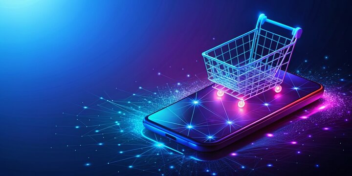 Isometric Smartphone with Shopping Basket Icon in Low Poly Wireframe for Online Store Development