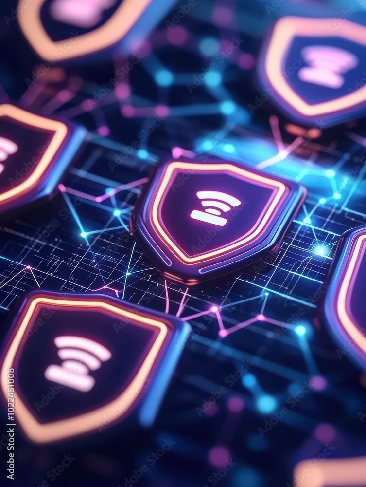 Poster colorful digital security shields with a networking background, futuristic design.